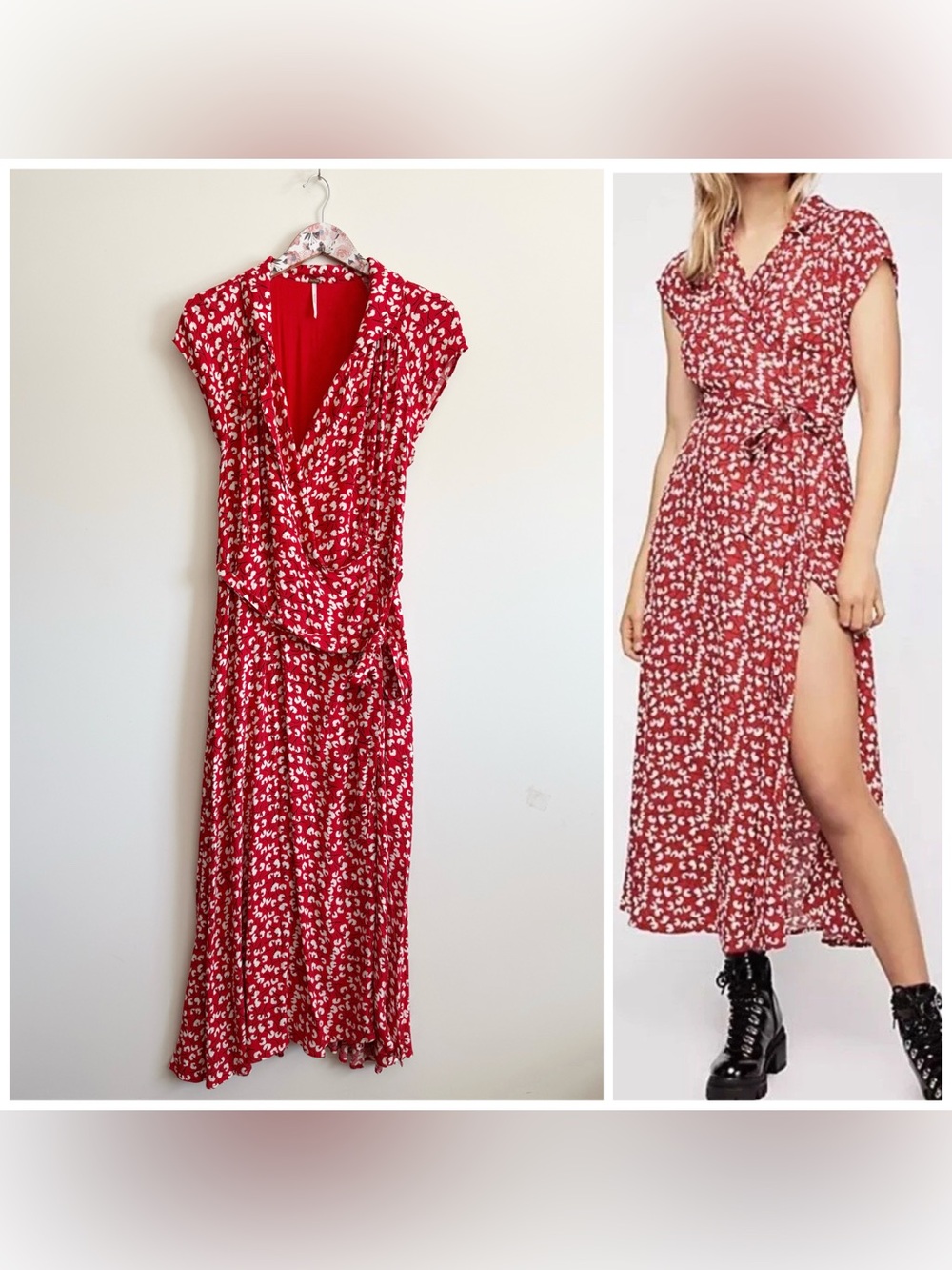 FREE PEOPLE So Fetch Red Floral Wrap Midi Dress Size 10